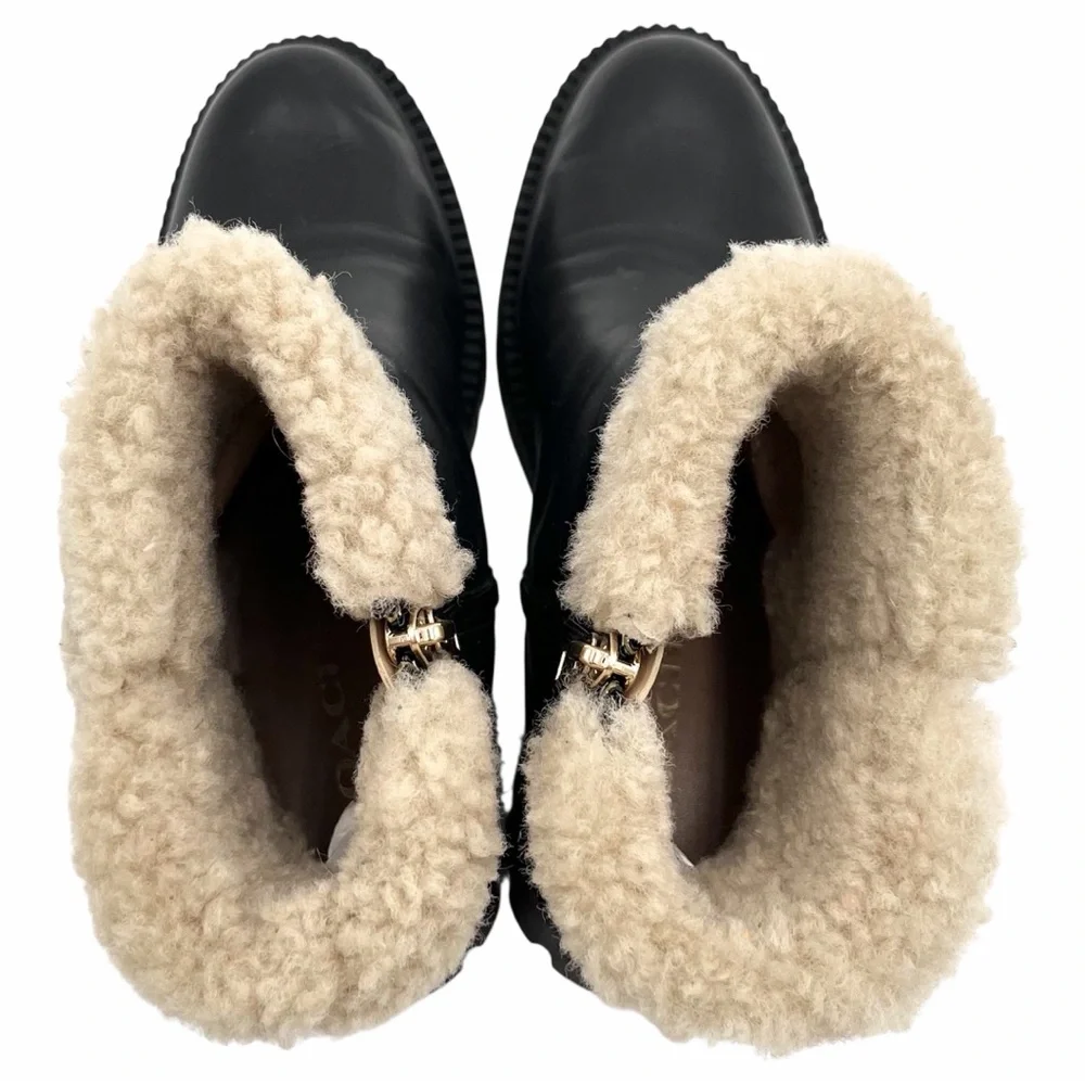 Coach Jane Black Leather Shearling Trim Booties Size 9